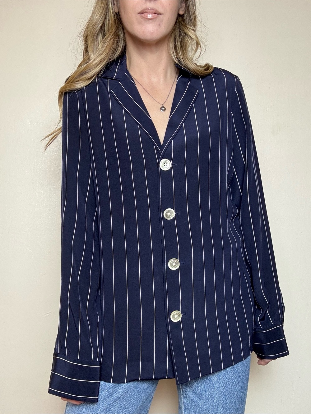 VTG 90s Lauren Ralph Lauren 100% Silk Pinstripe Pajama Blouse S Green Label